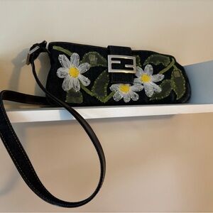 Fendi Denim Clutch with White Floral Design